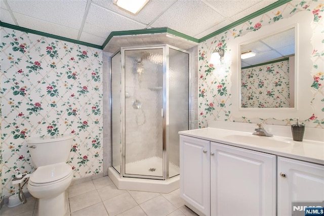 38 Farley Pl, Allendale, NJ 07401 - bathroom with wallpapered walls, tile patterned flooring, a shower stall, vanity, and ornamental molding