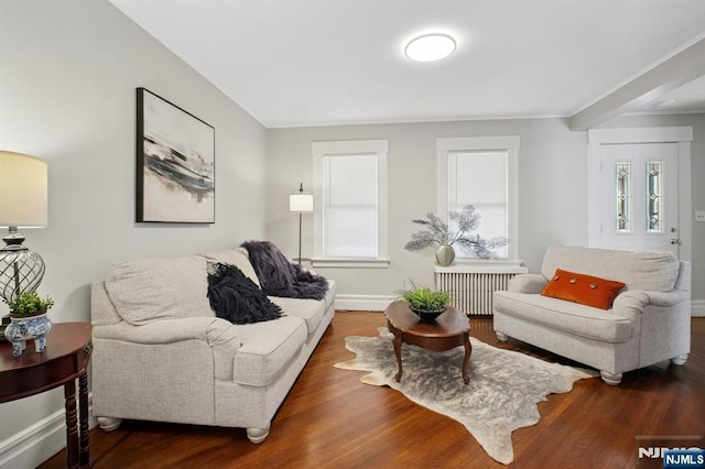 living area with crown molding, radiator heating unit, wood finished floors, and baseboards