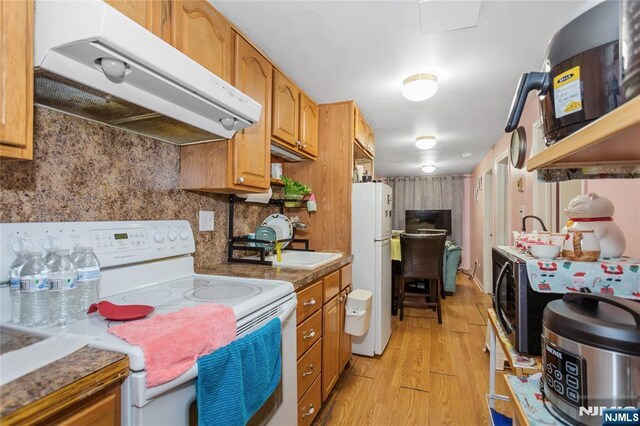 kitchen featuring decorative backsplash, white appliances, light wood-type flooring, under cabinet range hood, and a sink