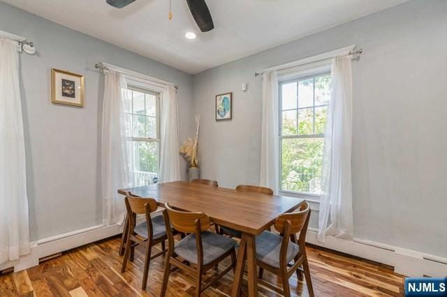 dining space featuring ceiling fan, wood finished floors, and a healthy amount of sunlight