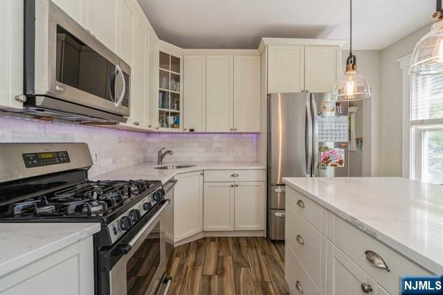 kitchen featuring decorative backsplash, glass insert cabinets, a sink, stainless steel appliances, and dark wood finished floors