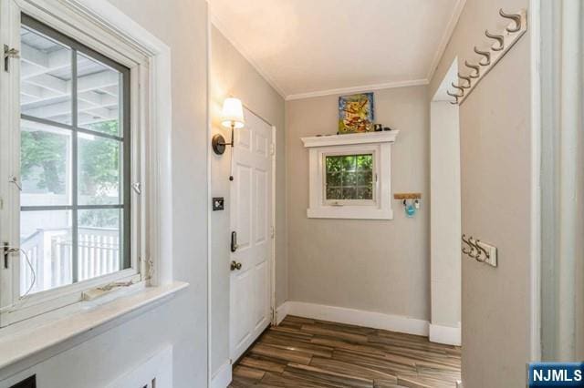 entryway featuring ornamental molding, baseboards, and dark wood finished floors