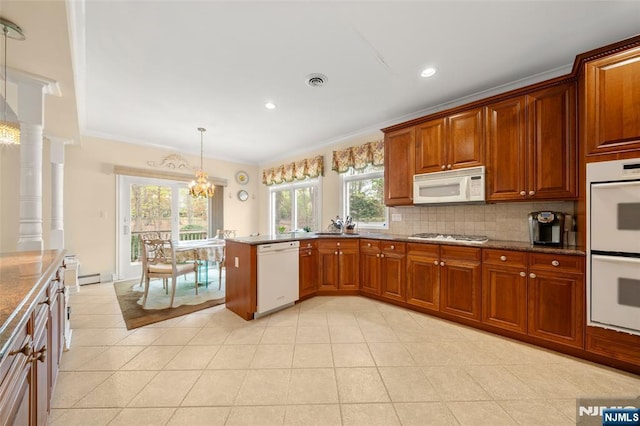 161 Winding Way, Old Tappan, NJ 07675 - kitchen featuring white appliances, tasteful backsplash, recessed lighting, a chandelier, and ornamental molding