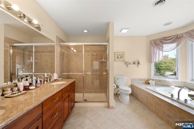 161 Winding Way, Old Tappan, NJ 07675 - bathroom with double vanity, tile patterned flooring, a stall shower, and a garden tub