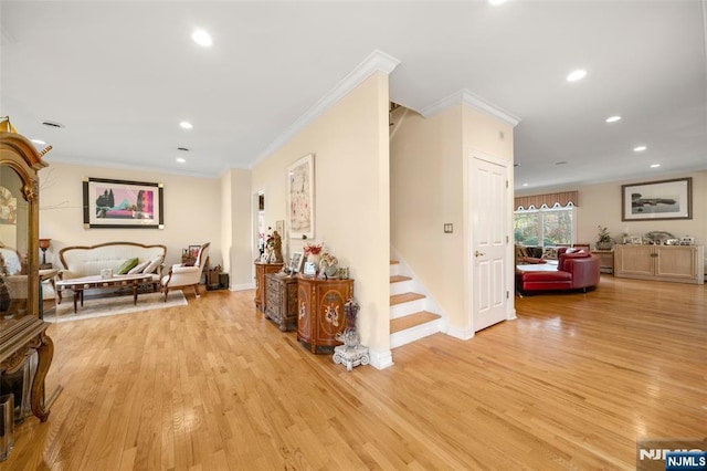 161 Winding Way, Old Tappan, NJ 07675 - hallway with stairs, recessed lighting, ornamental molding, and light wood-style floors