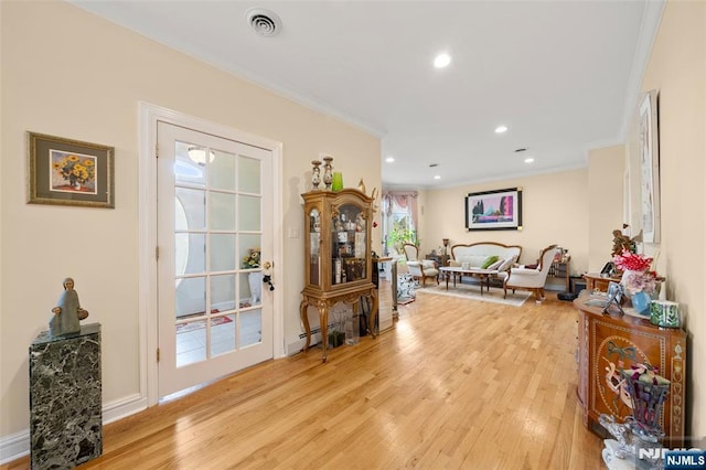 161 Winding Way, Old Tappan, NJ 07675 - living room with crown molding, light wood-style flooring, recessed lighting, and baseboard heating