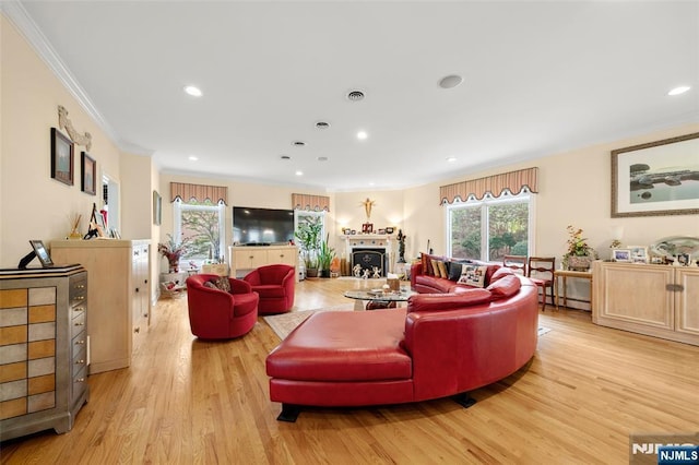 161 Winding Way, Old Tappan, NJ 07675 - living room with crown molding, light wood-type flooring, recessed lighting, and a fireplace