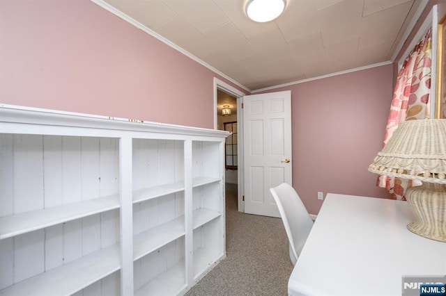 home office featuring carpet and crown molding