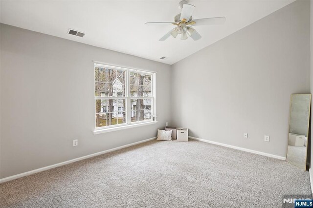 2304 Wendover Dr, Pequannock Township, NJ 07444 - unfurnished room featuring carpet floors, baseboards, visible vents, a ceiling fan, and lofted ceiling