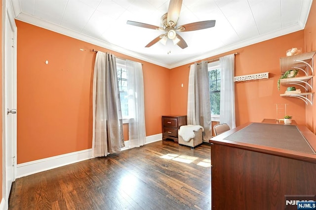 office area featuring ornamental molding, wood finished floors, and plenty of natural light