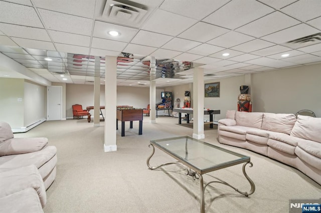 living area featuring carpet flooring, recessed lighting, visible vents, and a drop ceiling