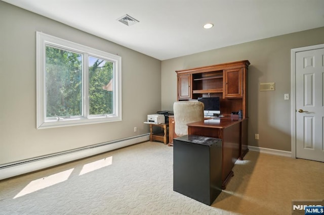 office featuring recessed lighting, baseboard heating, light carpet, baseboards, and visible vents