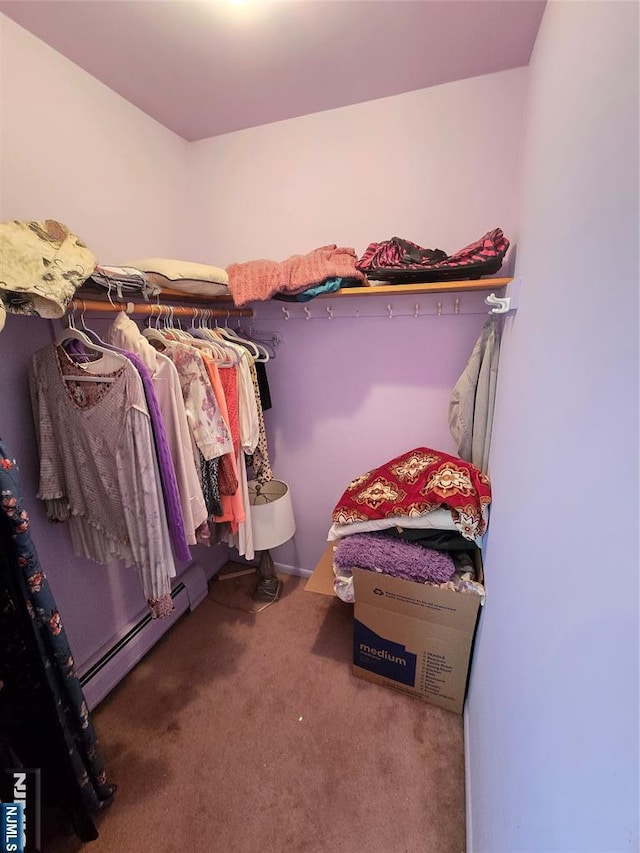 walk in closet featuring baseboard heating and carpet floors