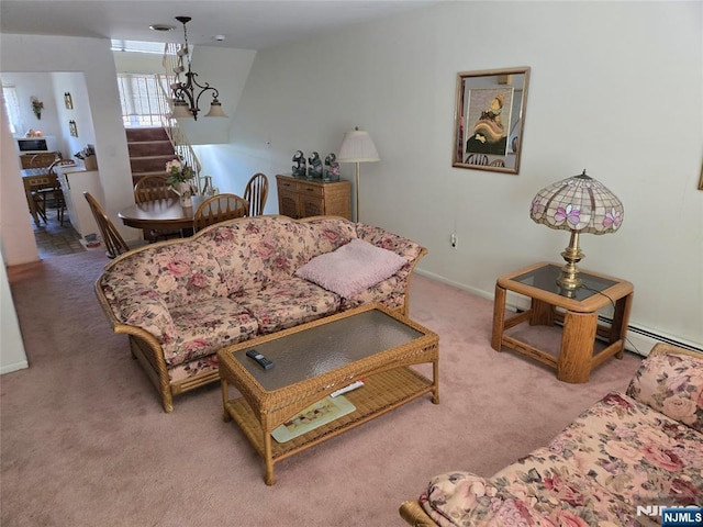 carpeted living area with stairway