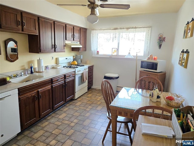 kitchen with white appliances, under cabinet range hood, light countertops, ceiling fan, and a sink