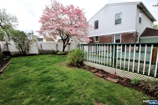 view of yard featuring a deck and a fenced backyard