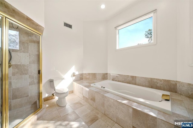full bath with a stall shower, toilet, a bath, and visible vents