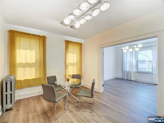 living area with radiator heating unit, wood finished floors, and baseboards