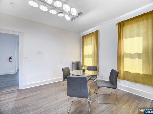 dining area with radiator heating unit, wood finished floors, and baseboards