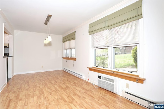 unfurnished living room featuring ornamental molding, light wood-style floors, a wall mounted AC, and a baseboard radiator