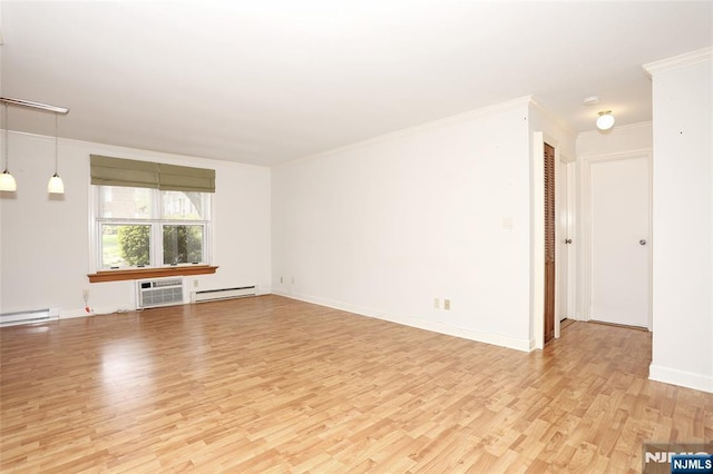 unfurnished living room with a wall unit AC, a baseboard radiator, and light wood-style floors