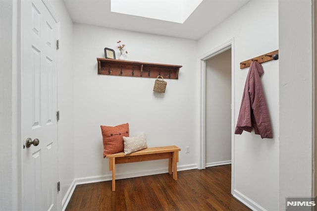mudroom featuring baseboards, a skylight, and wood finished floors