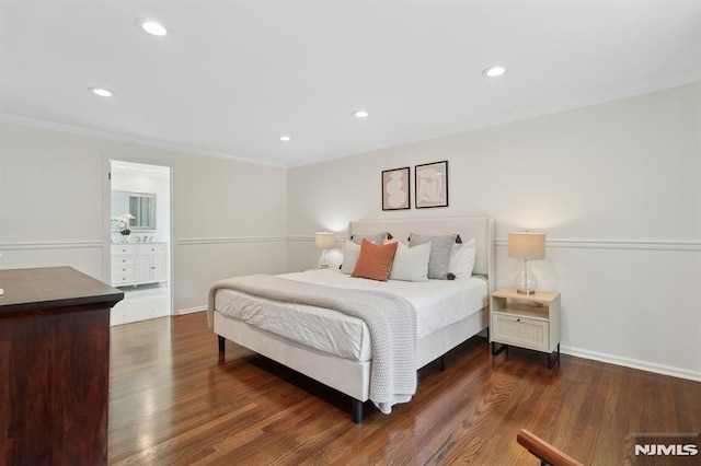 bedroom featuring baseboards, recessed lighting, ornamental molding, and wood finished floors