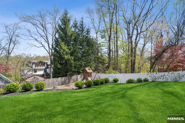 view of yard with a playground and a fenced backyard