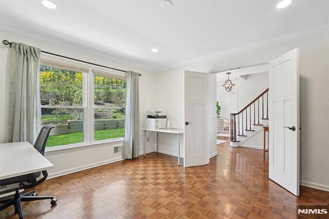 office with recessed lighting, ornamental molding, baseboards, visible vents, and a notable chandelier