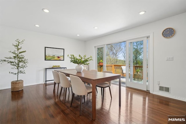 dining space featuring visible vents, recessed lighting, dark wood-style floors, and baseboards