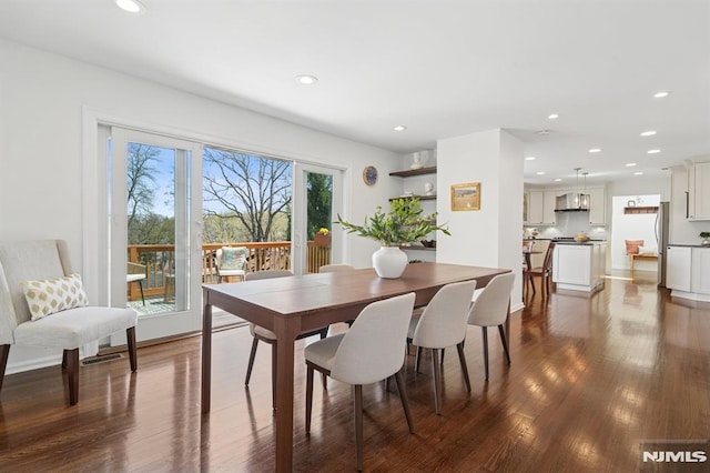 dining space featuring visible vents, recessed lighting, and dark wood-type flooring