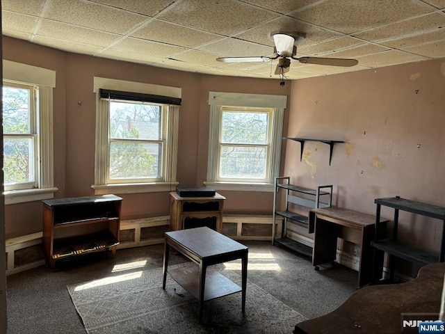 living area featuring ceiling fan, carpet, and plenty of natural light