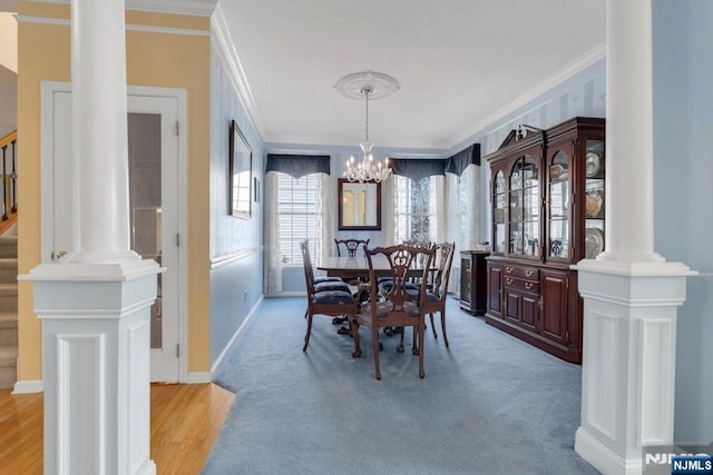 6 Knollwoods, Oakland, NJ 07436 - dining space with stairway, a chandelier, ornamental molding, and baseboards