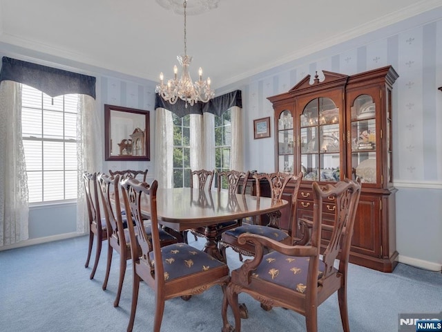 6 Knollwoods, Oakland, NJ 07436 - dining room with ornamental molding, wallpapered walls, a chandelier, and a healthy amount of sunlight