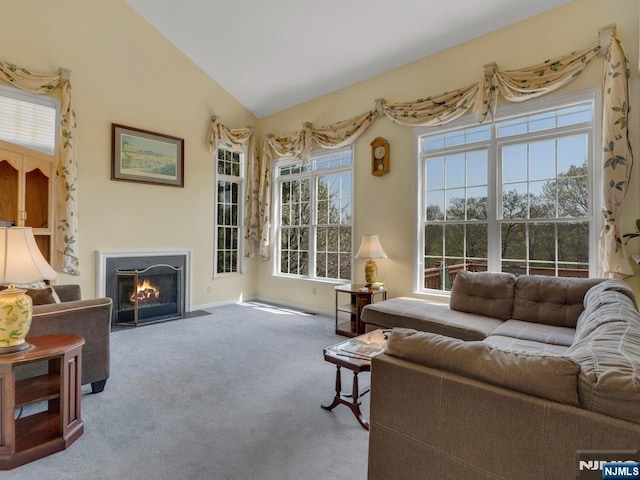6 Knollwoods, Oakland, NJ 07436 - carpeted living area featuring a fireplace with flush hearth, lofted ceiling, and baseboards