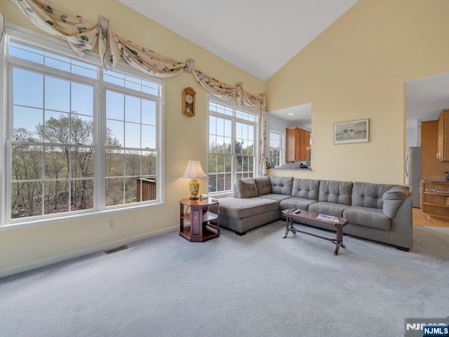 6 Knollwoods, Oakland, NJ 07436 - carpeted living room with lofted ceiling, visible vents, and baseboards