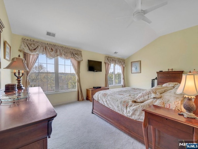 6 Knollwoods, Oakland, NJ 07436 - bedroom with visible vents, light carpet, ceiling fan, and lofted ceiling