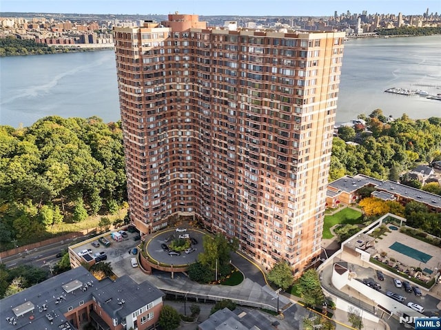 bird's eye view with a water view