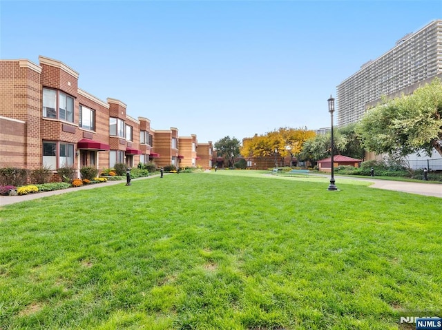 view of community featuring a lawn and a residential view
