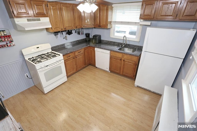 kitchen featuring brown cabinetry, a healthy amount of sunlight, white appliances, a sink, and exhaust hood