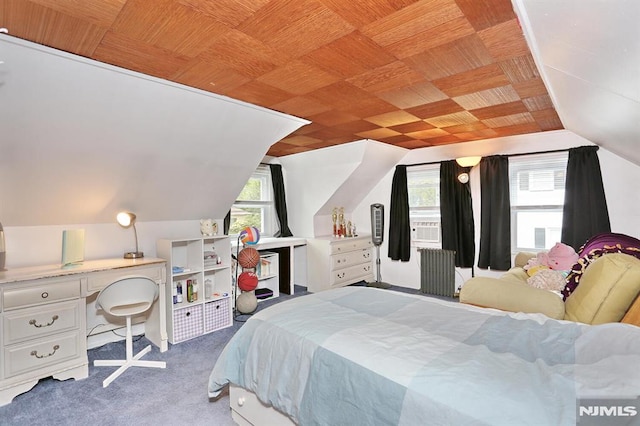 carpeted bedroom featuring radiator heating unit, wood ceiling, cooling unit, and vaulted ceiling