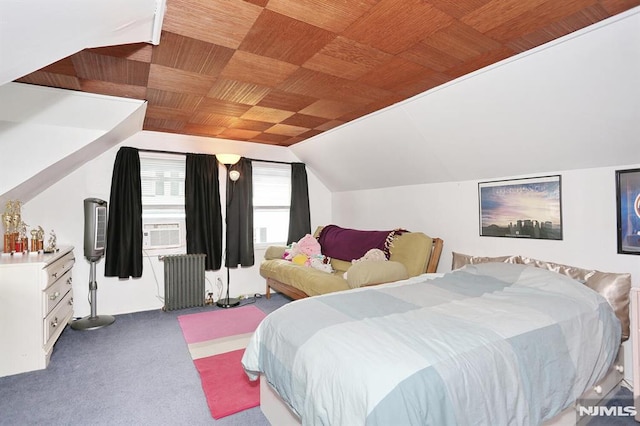 carpeted bedroom featuring radiator, lofted ceiling, wood ceiling, and cooling unit
