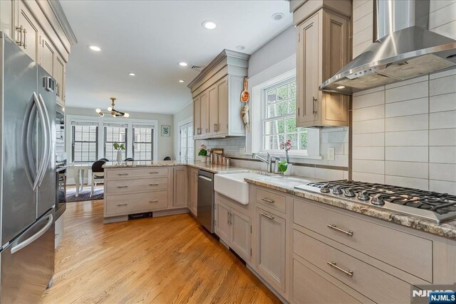 kitchen featuring wall chimney range hood, stainless steel appliances, a sink, and a wealth of natural light
