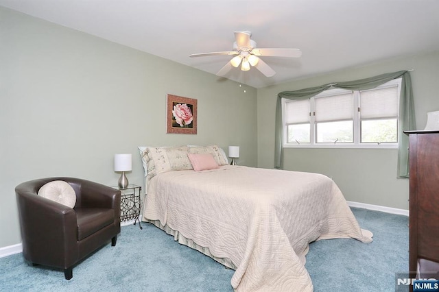 bedroom featuring carpet flooring, ceiling fan, and baseboards