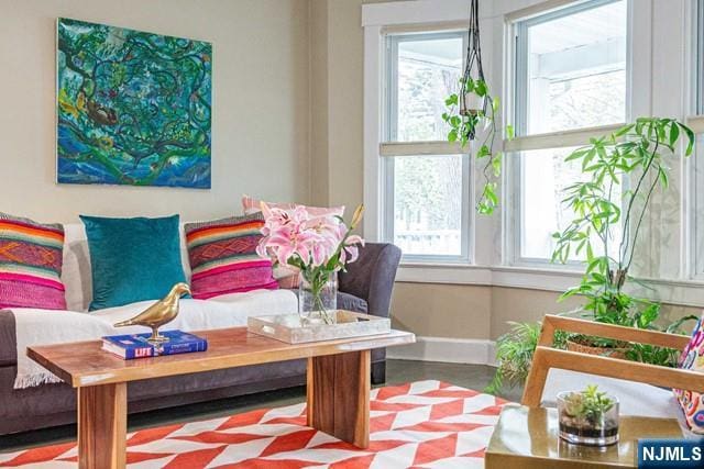sitting room with baseboards and a healthy amount of sunlight