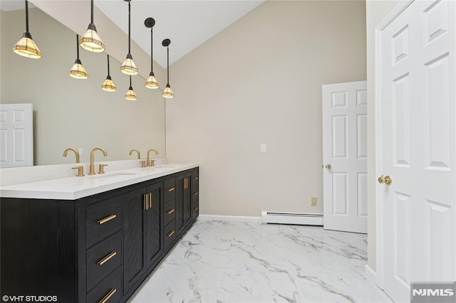 bathroom featuring baseboard heating, high vaulted ceiling, marble finish floor, and a sink