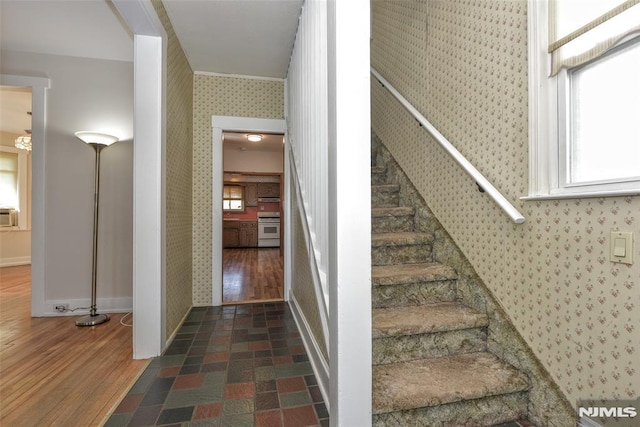 stairs featuring wallpapered walls, baseboards, and wood finished floors