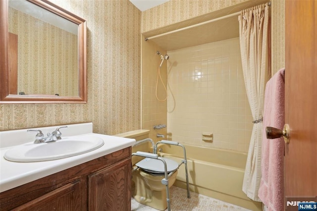 full bath featuring vanity, toilet, wallpapered walls, tile patterned floors, and shower / bath combo