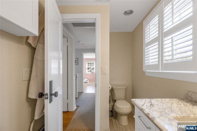 bathroom featuring vanity, toilet, and wood finished floors