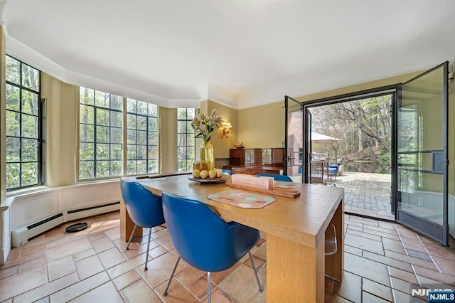 dining room featuring crown molding, a baseboard radiator, and a wealth of natural light